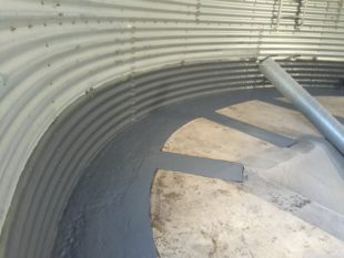 The internal wall floor corner was sandblasted all the way round and sealed by applying our fibreglass lining system. This guaranteed that the stored grain would be kept dry and no water or wildlife could damage the goods within.